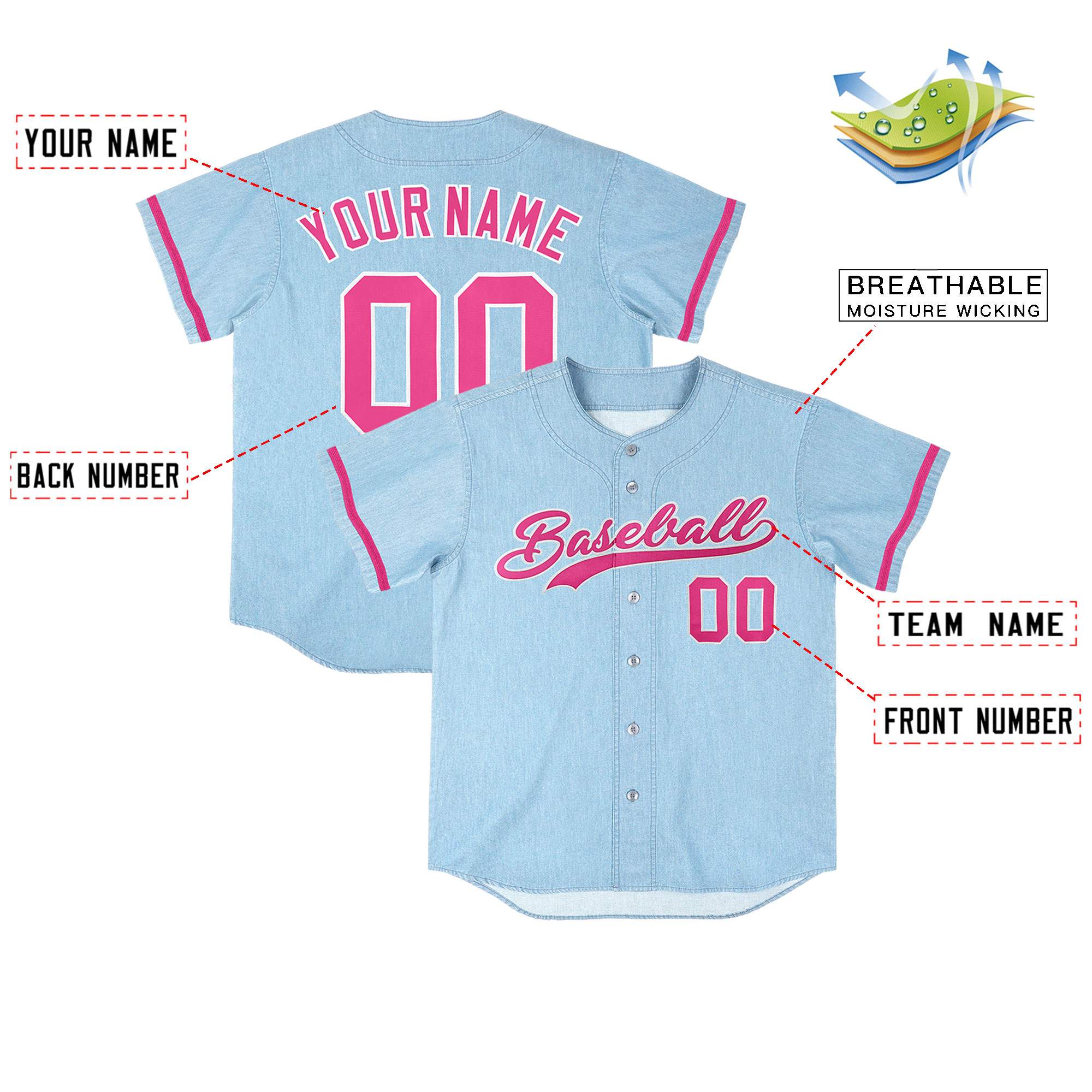 Custom Powder Blue Personalized Denim Baseball Jersey For Men Women Boy| KXKSHOP