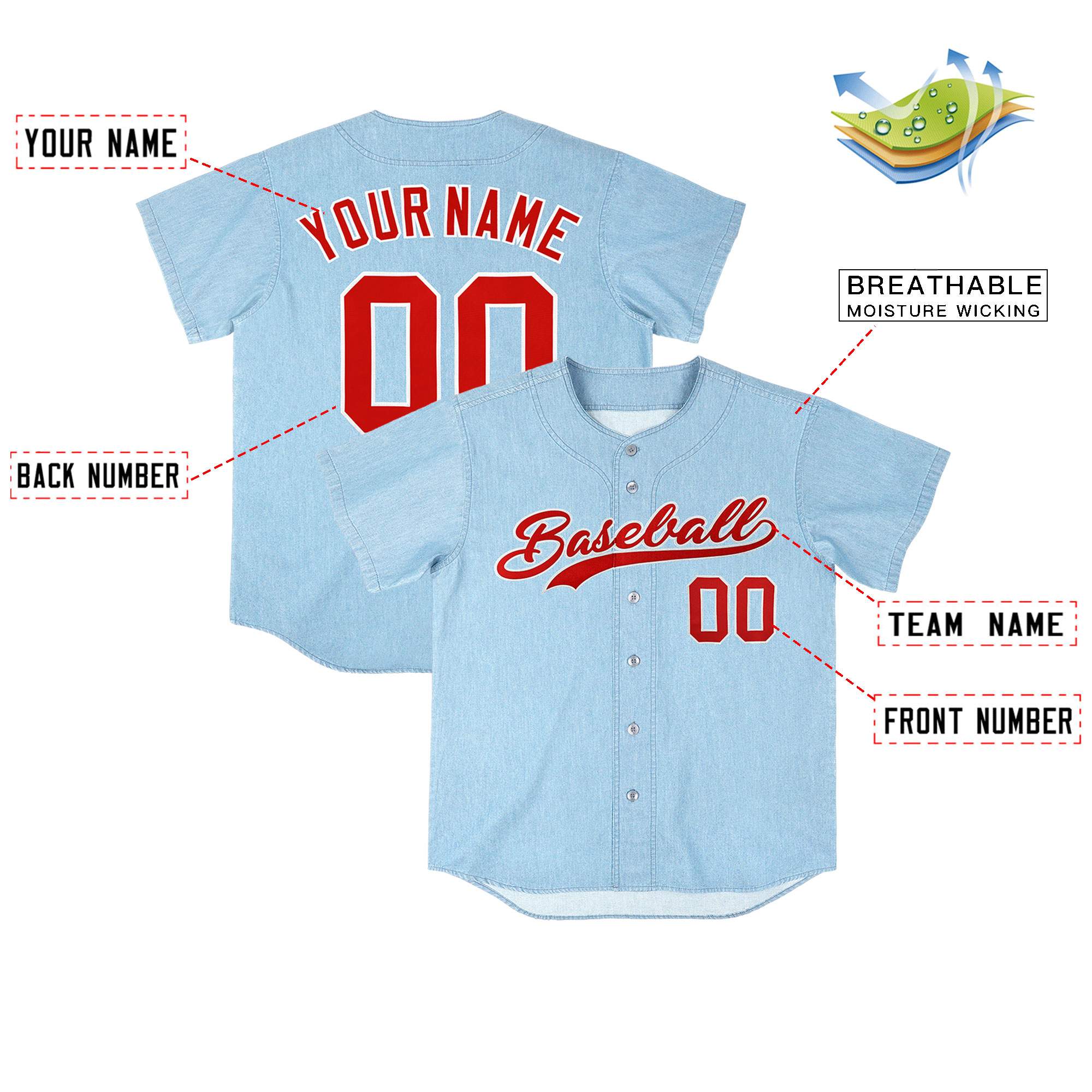 Custom Powder Blue Personalized Denim Baseball Jersey For Men Women Boy| KXKSHOP