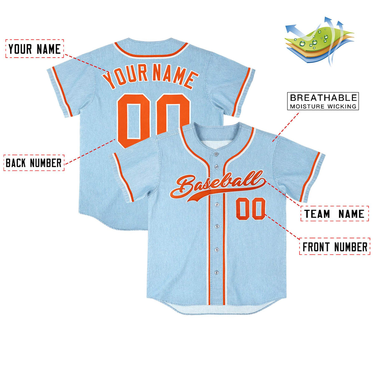 Custom Powder Blue Personalized Denim Baseball Jersey For Men Women Boy| KXKSHOP
