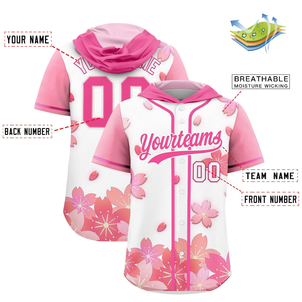 Custom Hooded Baseball Jersey | White Pink Cherry Blossom Personalized Name &amp; Number Sport Jersey