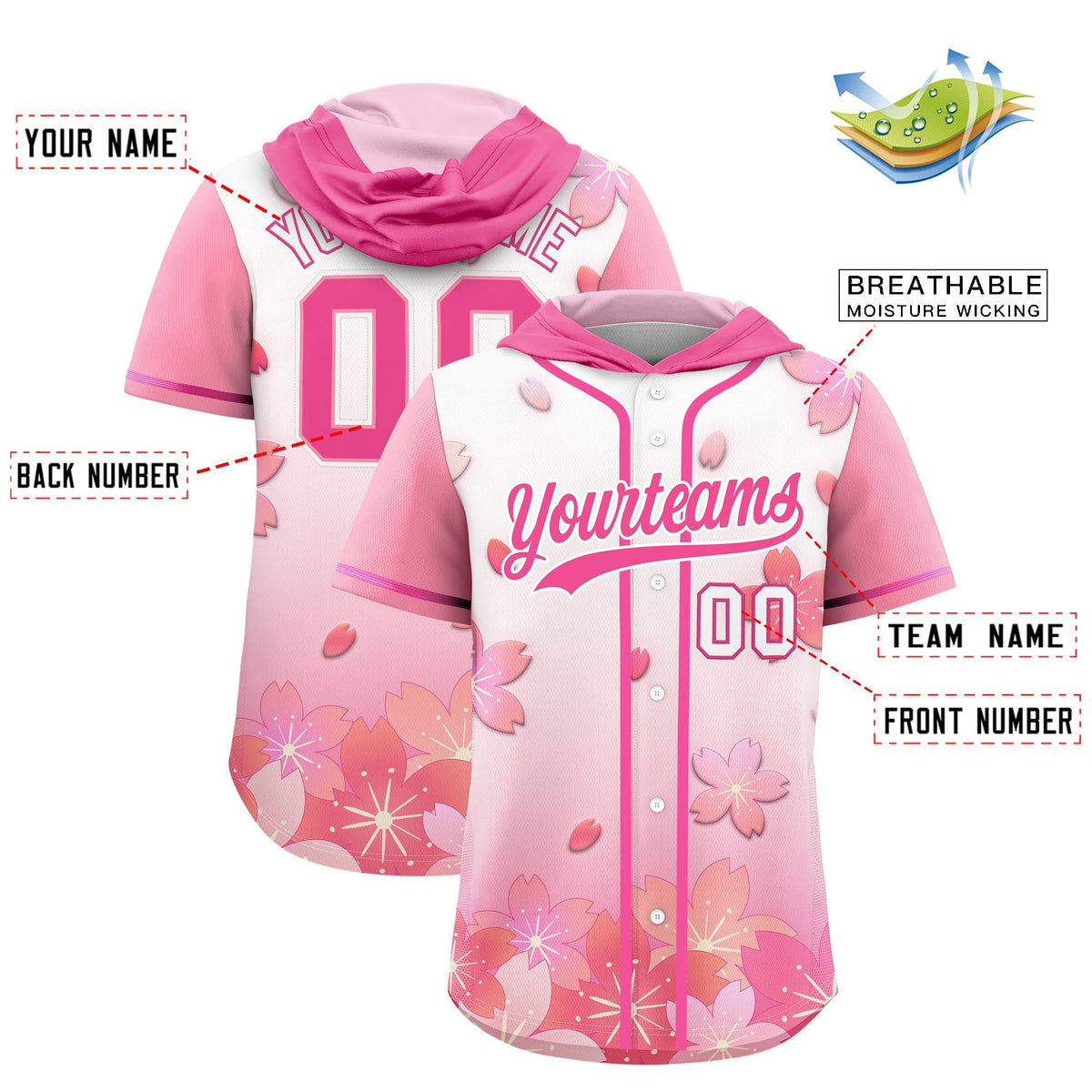 Custom Hooded Baseball Jersey | Pink White Cherry Blossom Breathable Athleisure Streetwear
