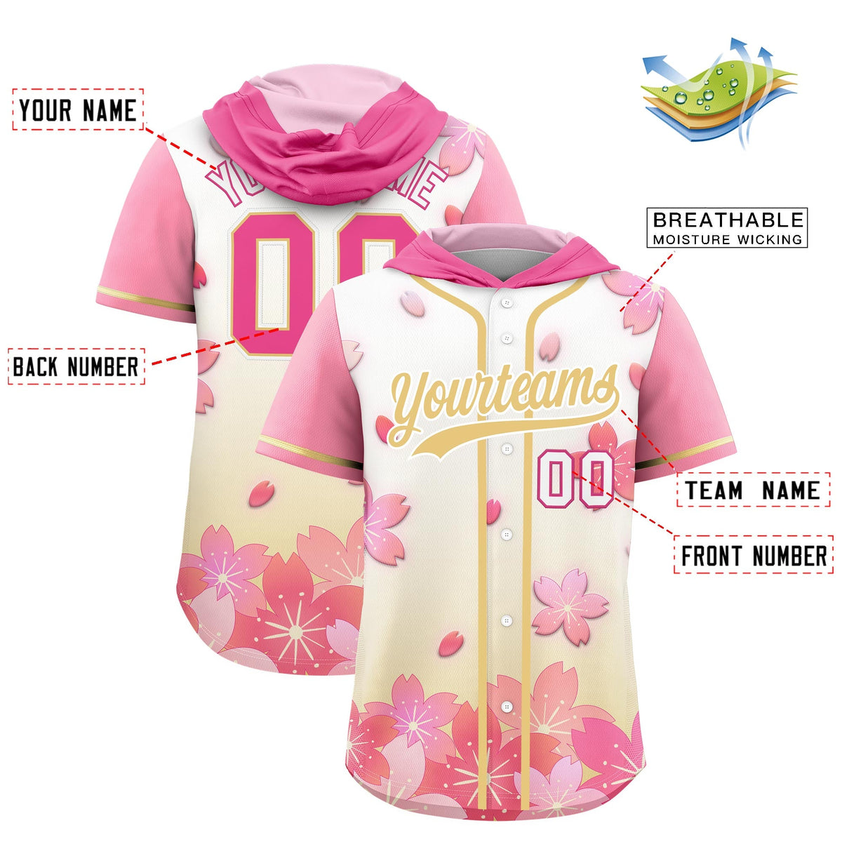 Custom Hooded Baseball Jersey | Pink Khaki Cherry Blossom Breathable Athleisure Streetwear
