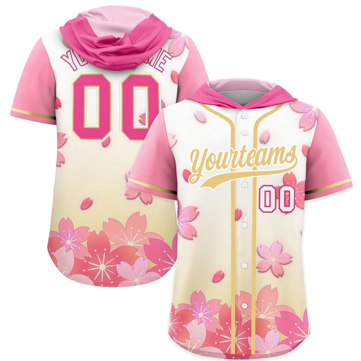 Custom Hooded Baseball Jersey | Pink Khaki Cherry Blossom Breathable Athleisure Streetwear