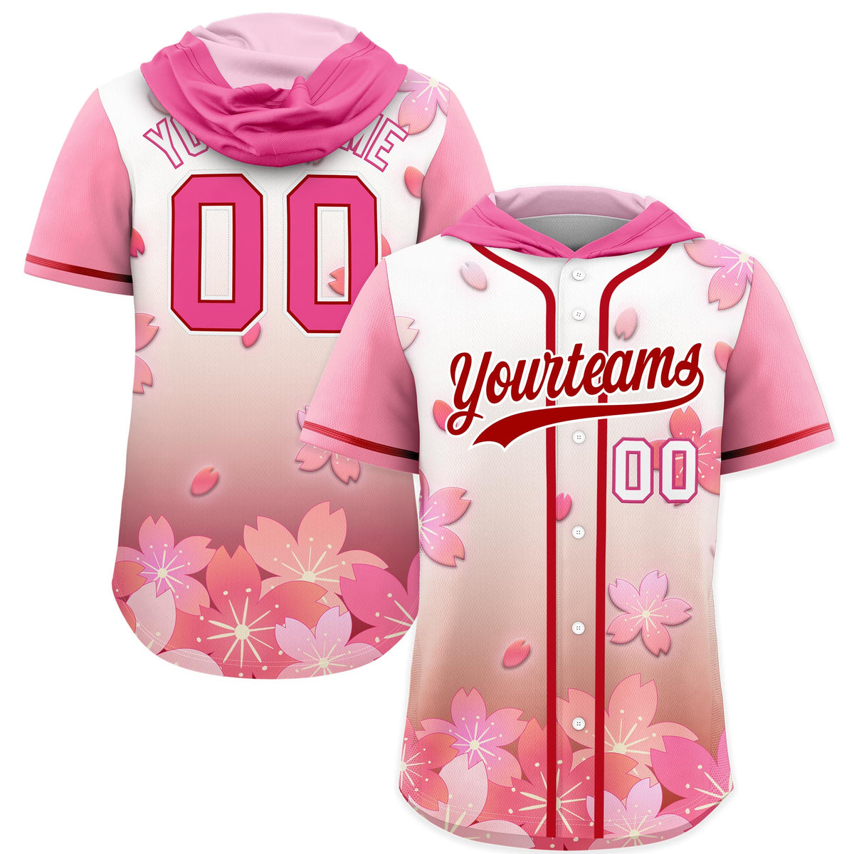 Custom Hooded Baseball Jersey | Pink Red Cherry Blossom Moisture-Wicking Jersey for Men &amp; Women