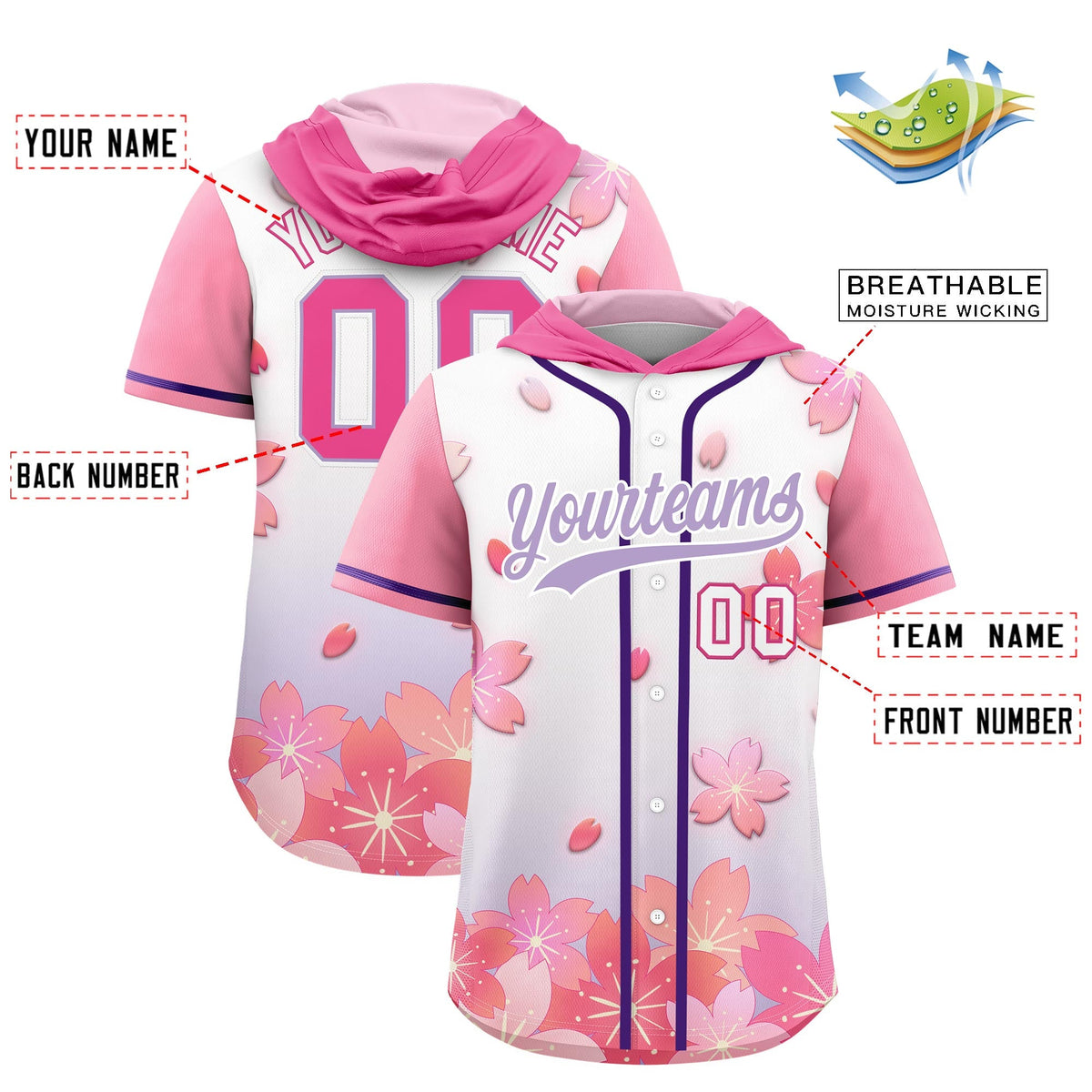 Custom Hooded Baseball Jersey | Pink Light Purple Cherry Blossom Personalized Name &amp; Number Sport Jersey