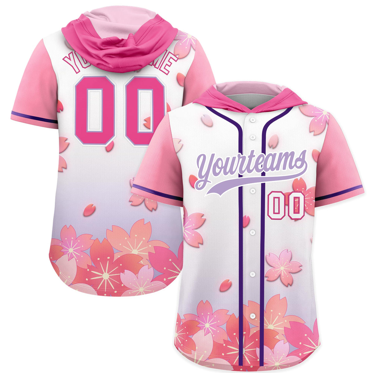 Custom Hooded Baseball Jersey | Pink Light Purple Cherry Blossom Personalized Name &amp; Number Sport Jersey