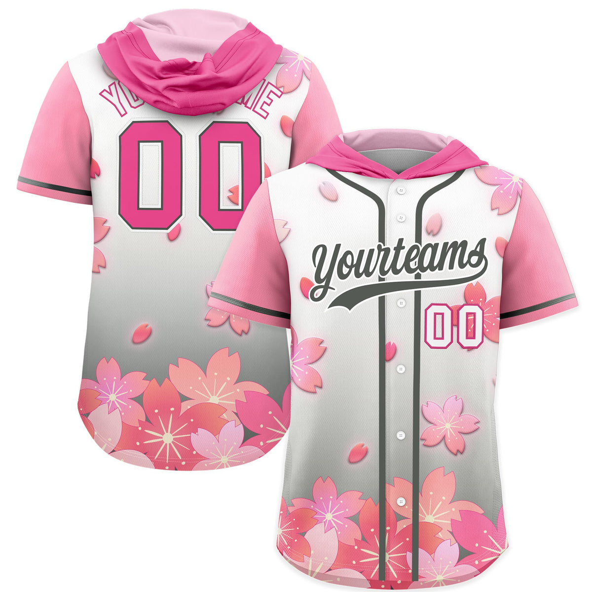 Custom Hooded Baseball Jersey | Pink Gray Cherry Blossom Moisture-Wicking Jersey for Men &amp; Women