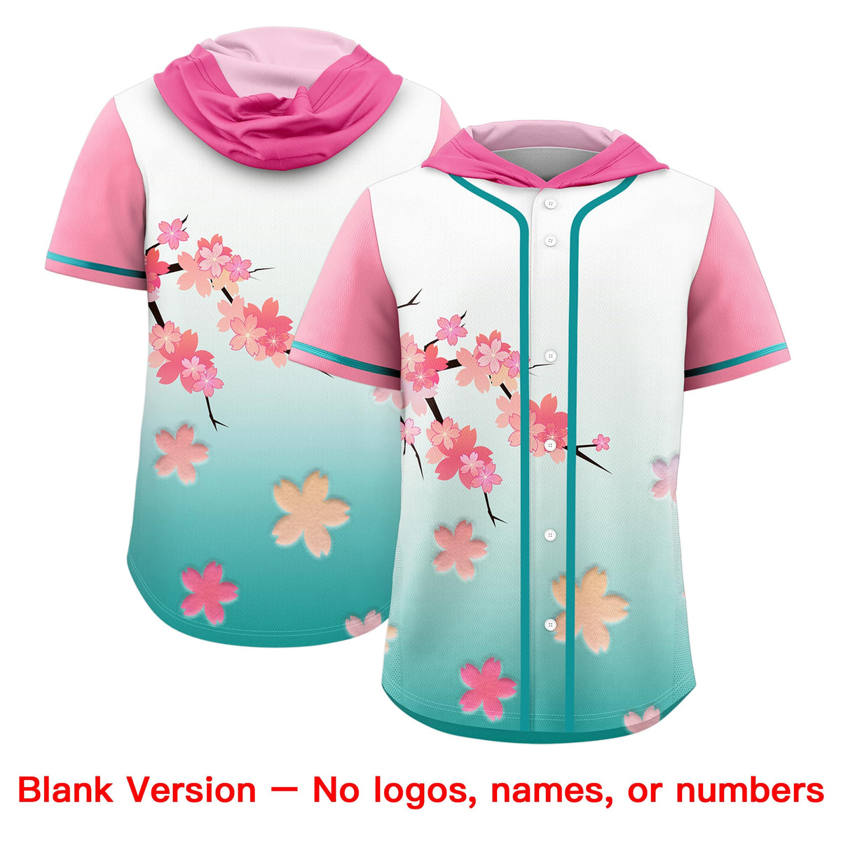 Custom Hooded Baseball Jersey | Pink Aqua Cherry Blossom Personalized Name &amp; Number Sport Jersey