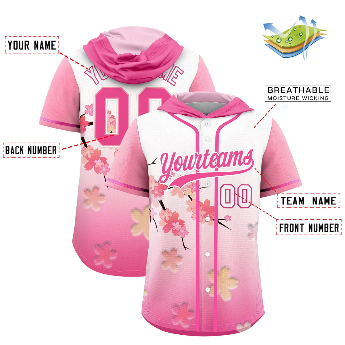 Custom Hooded Baseball Jersey | Pink White Cherry Blossom Personalized Name &amp; Number Sport Jersey