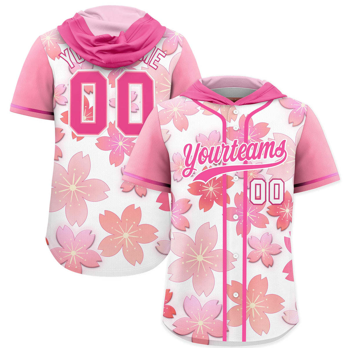Custom Hooded Baseball Jersey | Pink White Cherry Blossom Moisture-Wicking Jersey for Men &amp; Women