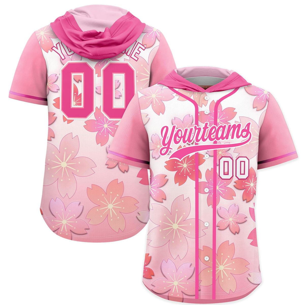 Custom Hooded Baseball Jersey | Pink Pink Cherry Blossom Personalized Name &amp; Number Sport Jersey