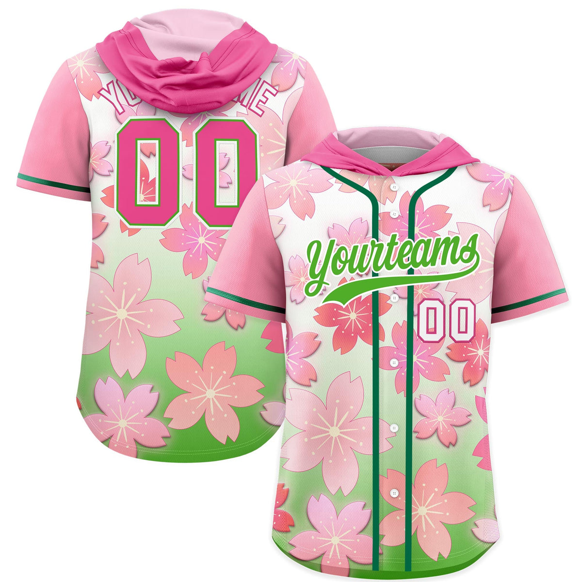 Custom Hooded Baseball Jersey | Pink Light Green Cherry Blossom Breathable Athleisure Streetwear