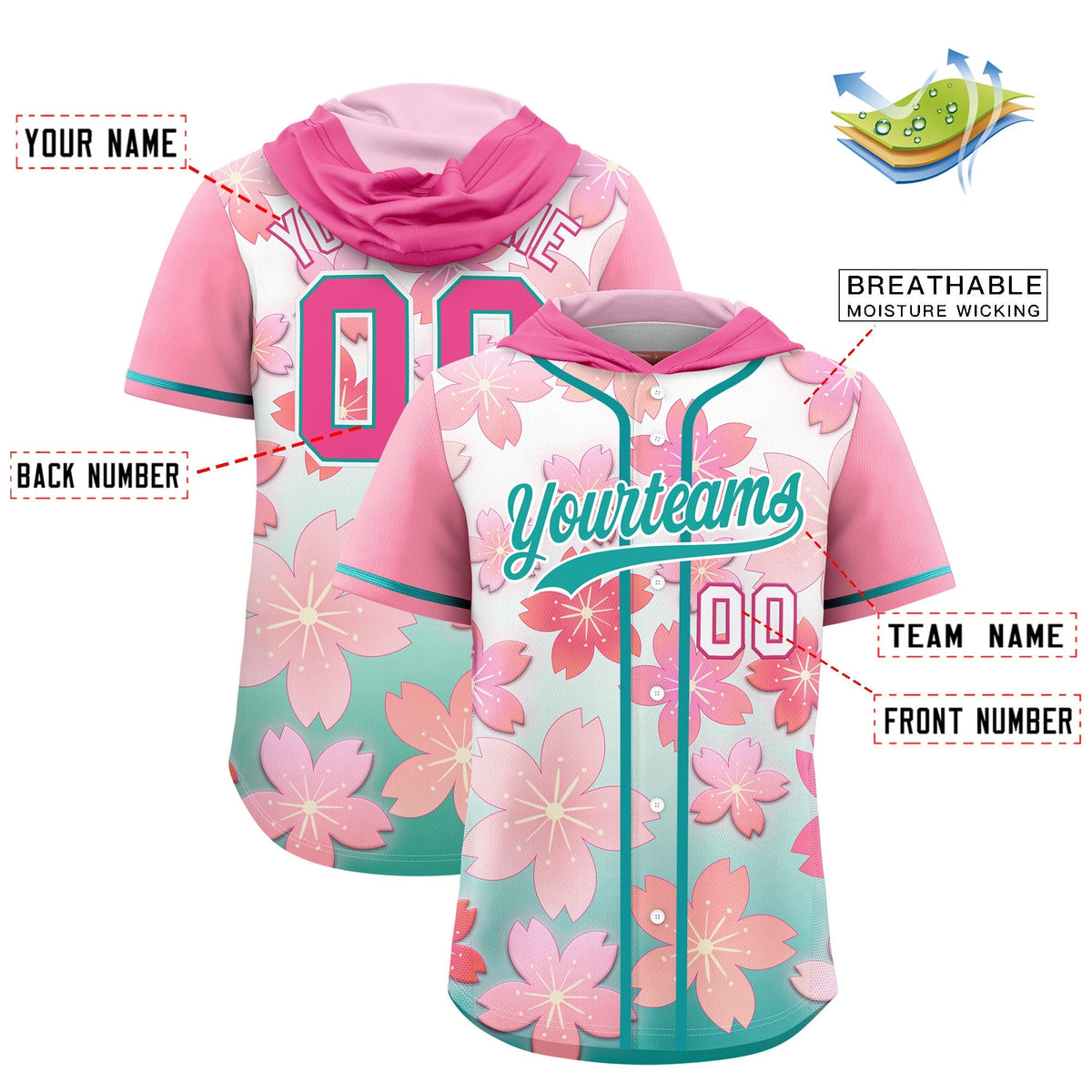 Custom Hooded Baseball Jersey | Pink Aqua Cherry Blossom Moisture-Wicking Jersey for Men &amp; Women