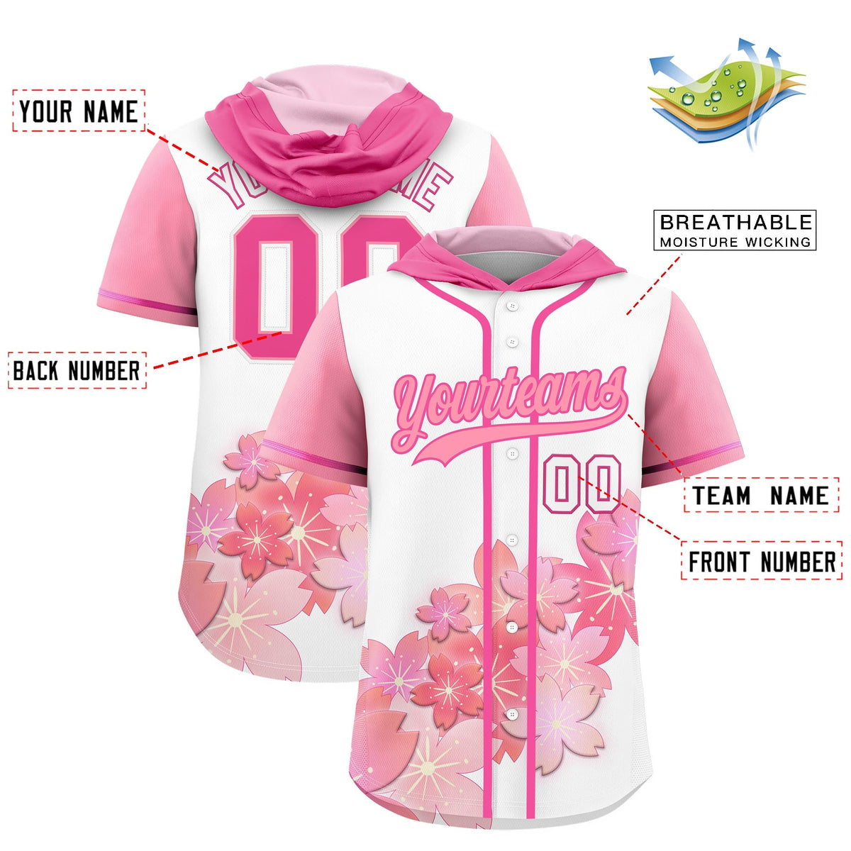 Custom Hooded Baseball Jersey | Pink Light Pink Cherry Blossom Personalized Name &amp; Number Sport Jersey