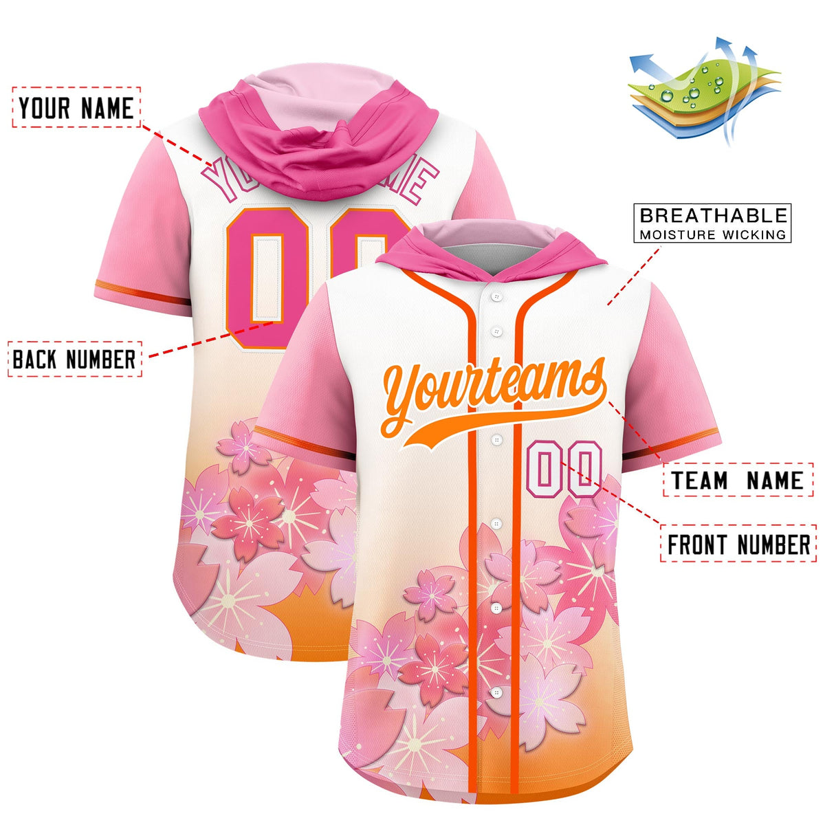 Custom Hooded Baseball Jersey | Pink Orange Cherry Blossom Moisture-Wicking Jersey for Men &amp; Women