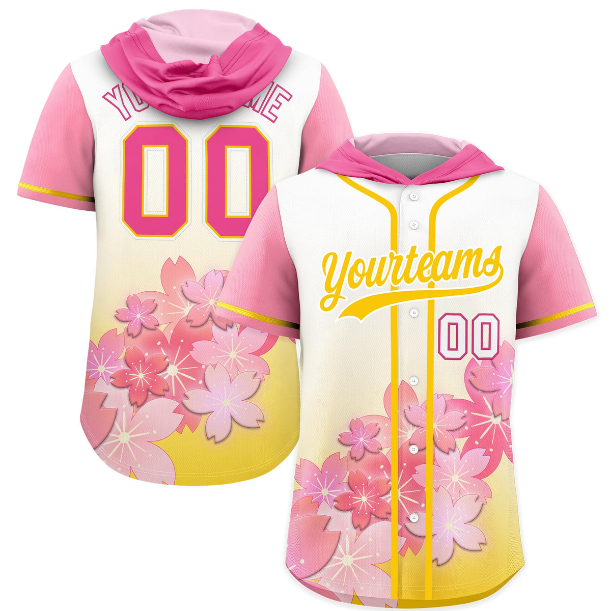 Custom Hooded Baseball Jersey | Gold White Cherry Blossom Personalized Name &amp; Number Sport Jersey