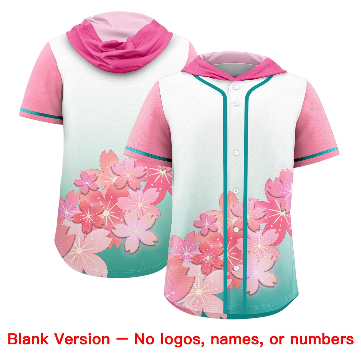 Custom Hooded Baseball Jersey | Pink Aqua Cherry Blossom Moisture-Wicking Jersey for Men &amp; Women
