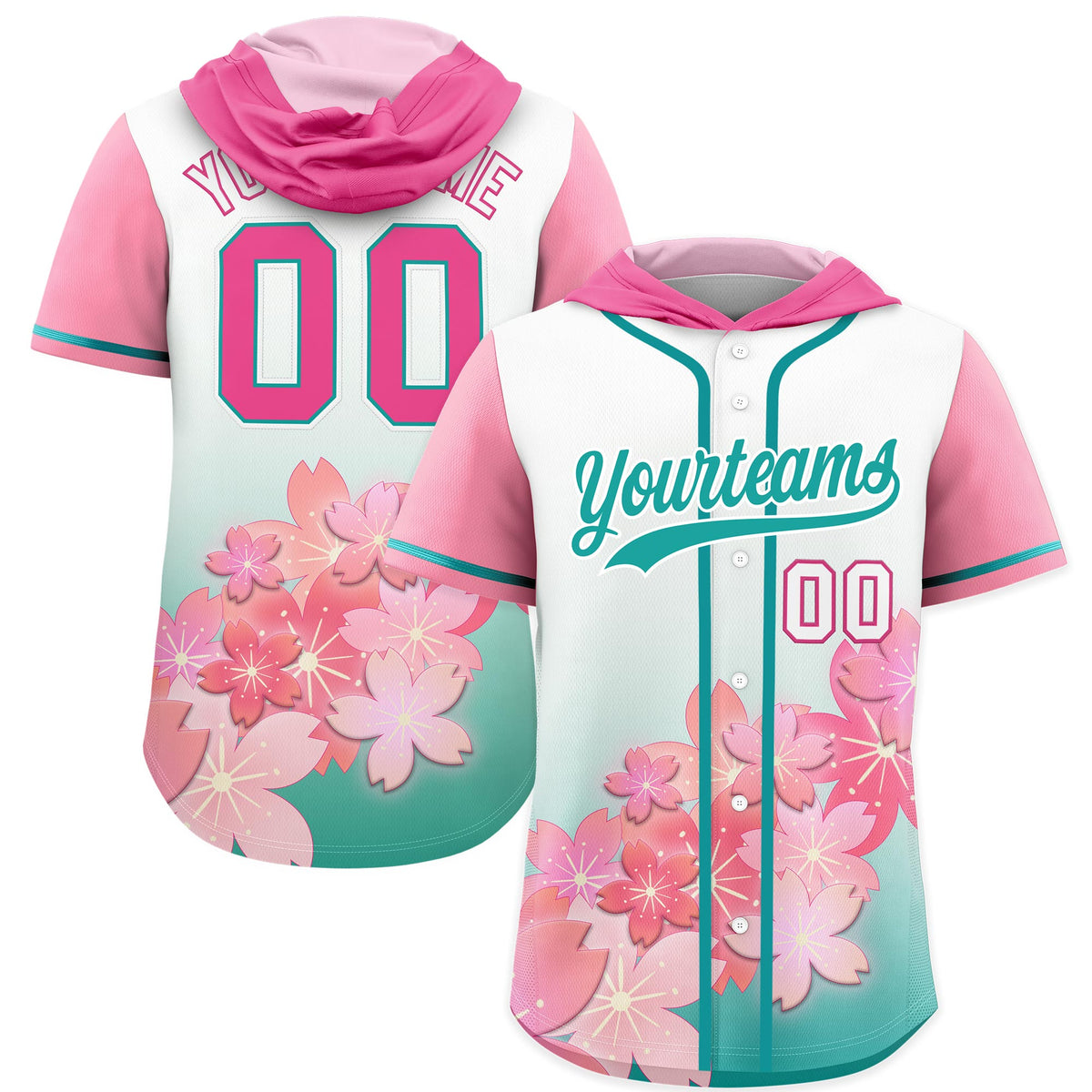 Custom Hooded Baseball Jersey | Pink Aqua Cherry Blossom Moisture-Wicking Jersey for Men &amp; Women