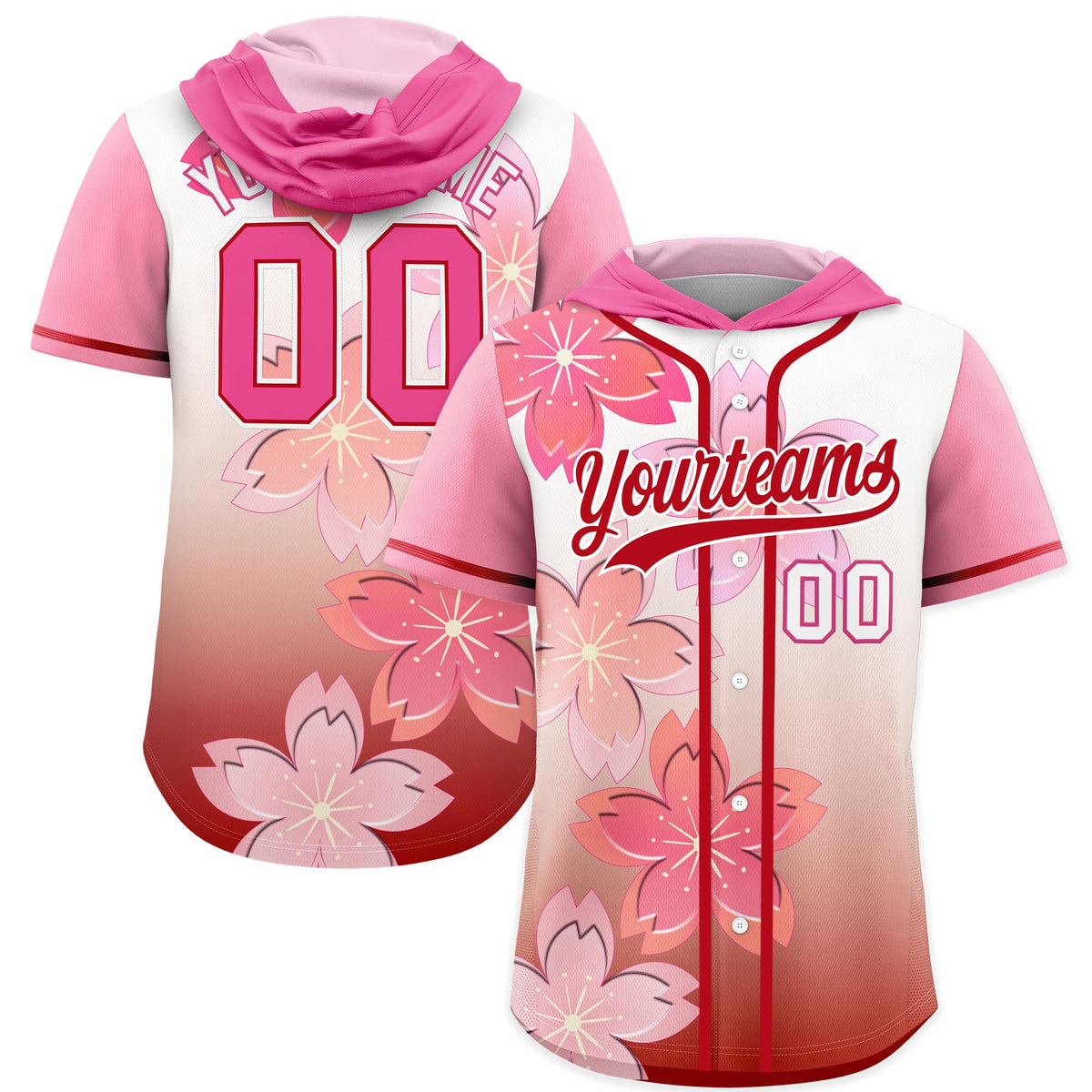 Custom Hooded Baseball Jersey | Pink Red Cherry Blossom Breathable Athleisure Streetwear
