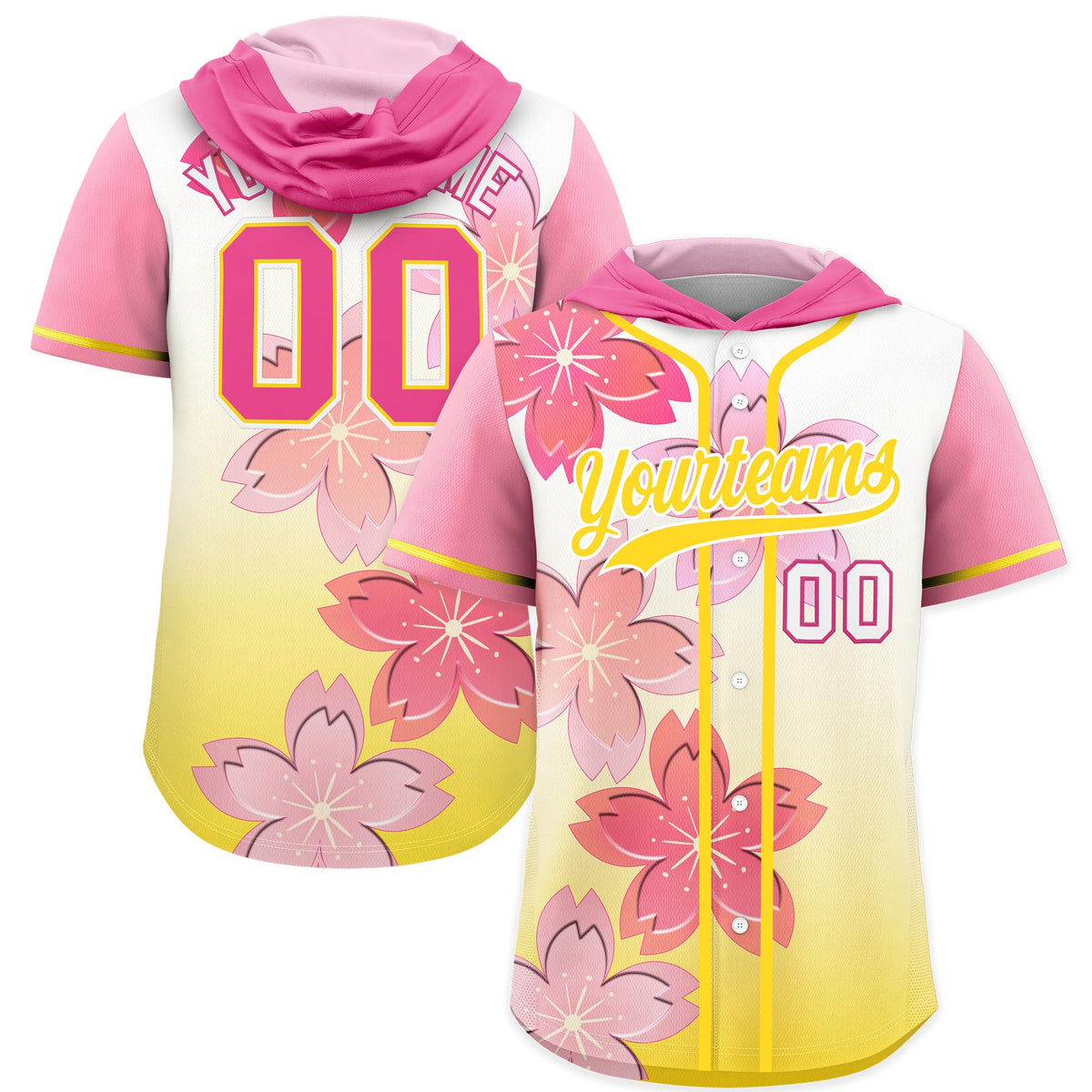 Custom Hooded Baseball Jersey | Pink Gold Cherry Blossom Personalized Name &amp; Number Sport Jersey
