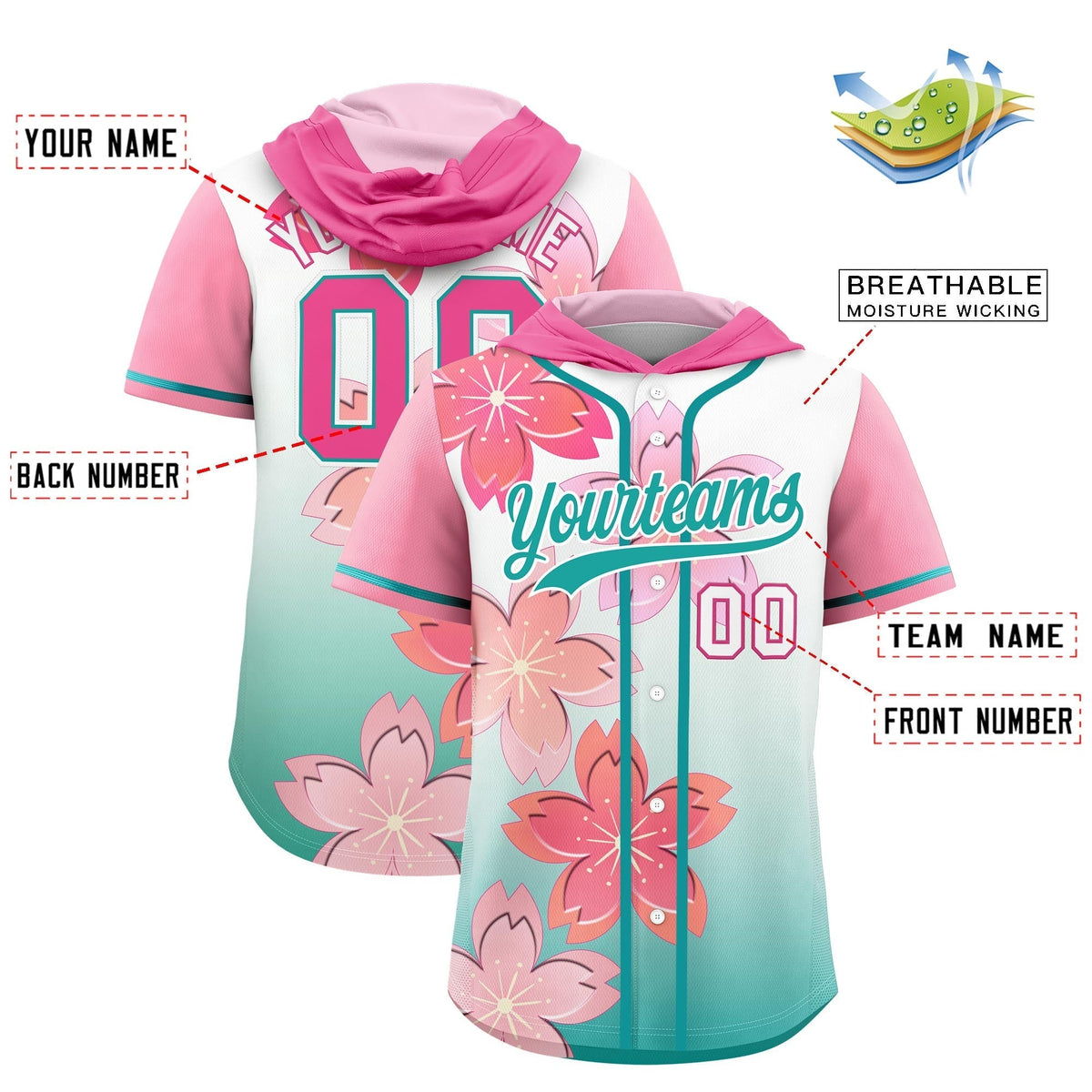 Custom Hooded Baseball Jersey | Pink Teal Cherry Blossom Moisture-Wicking Jersey for Men &amp; Women