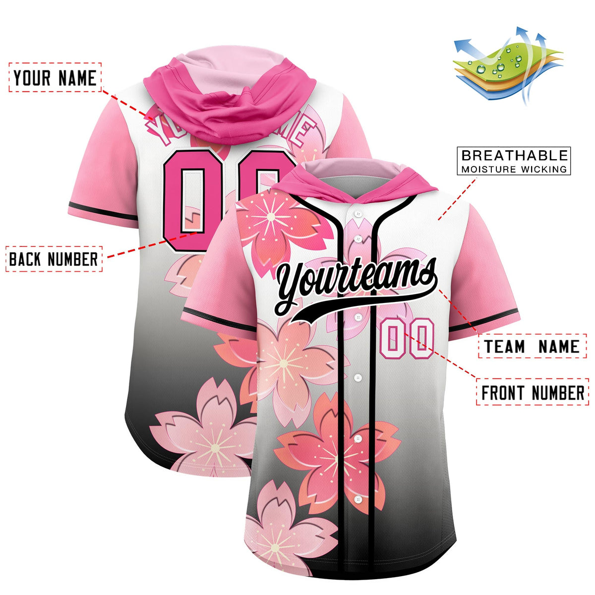 Custom Hooded Baseball Jersey | Pink Black Cherry Blossom Moisture-Wicking Jersey for Men &amp; Women