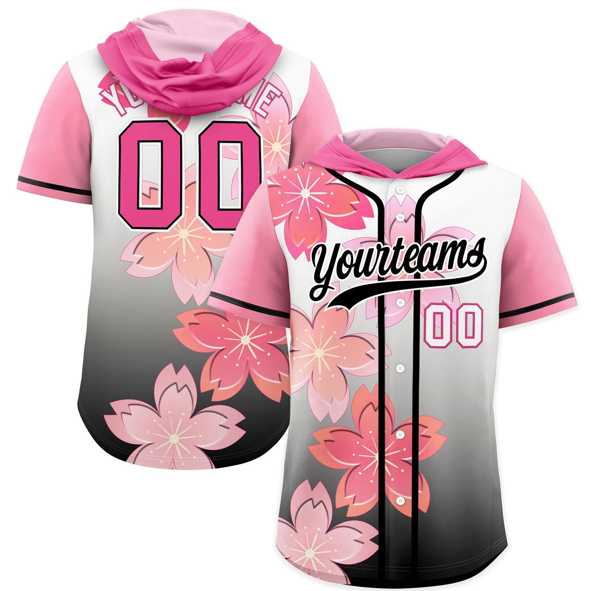 Custom Hooded Baseball Jersey | Pink Black Cherry Blossom Moisture-Wicking Jersey for Men &amp; Women