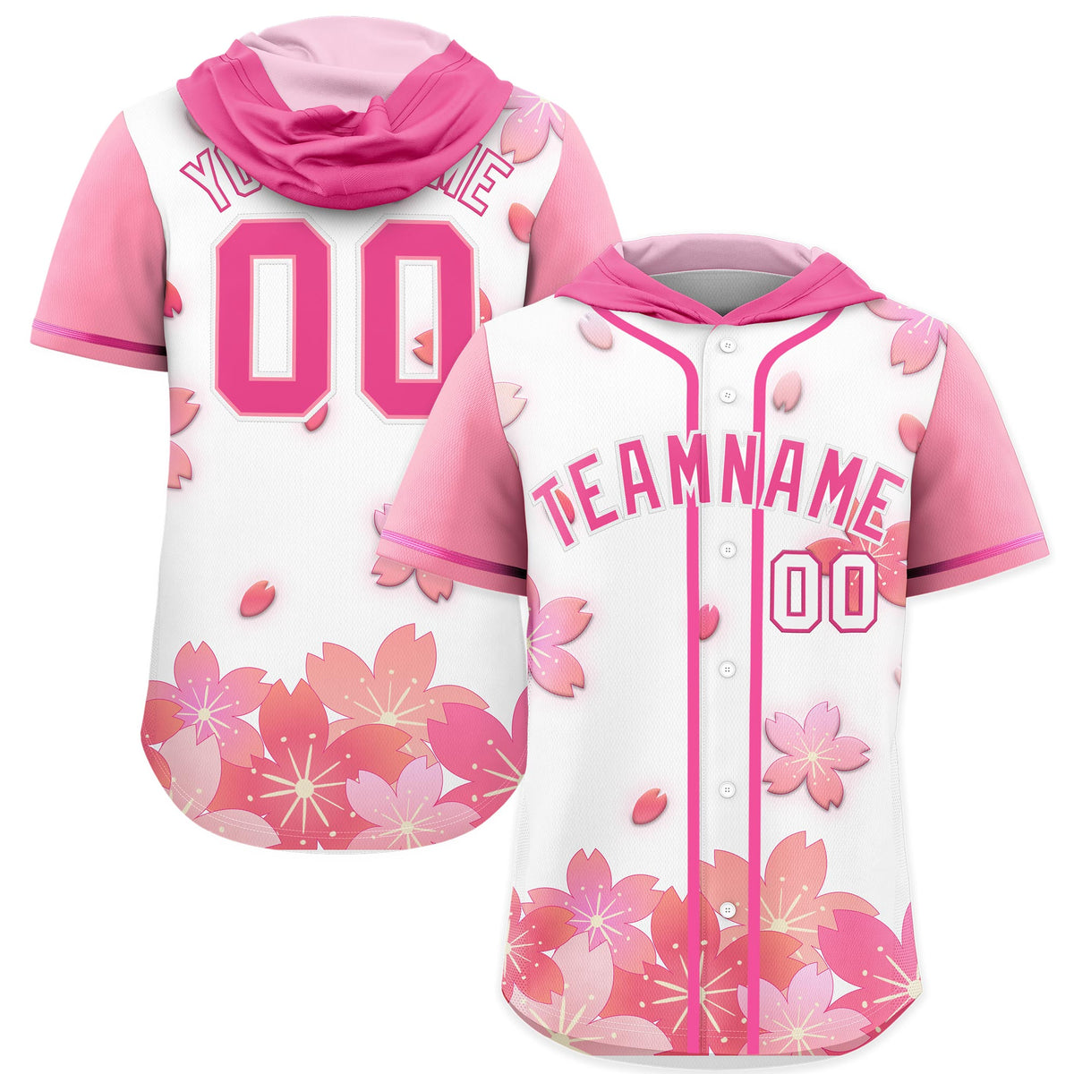 Custom Hooded Baseball Jersey | White Pink Cherry Blossom Personalized Name &amp; Number Sport Jersey