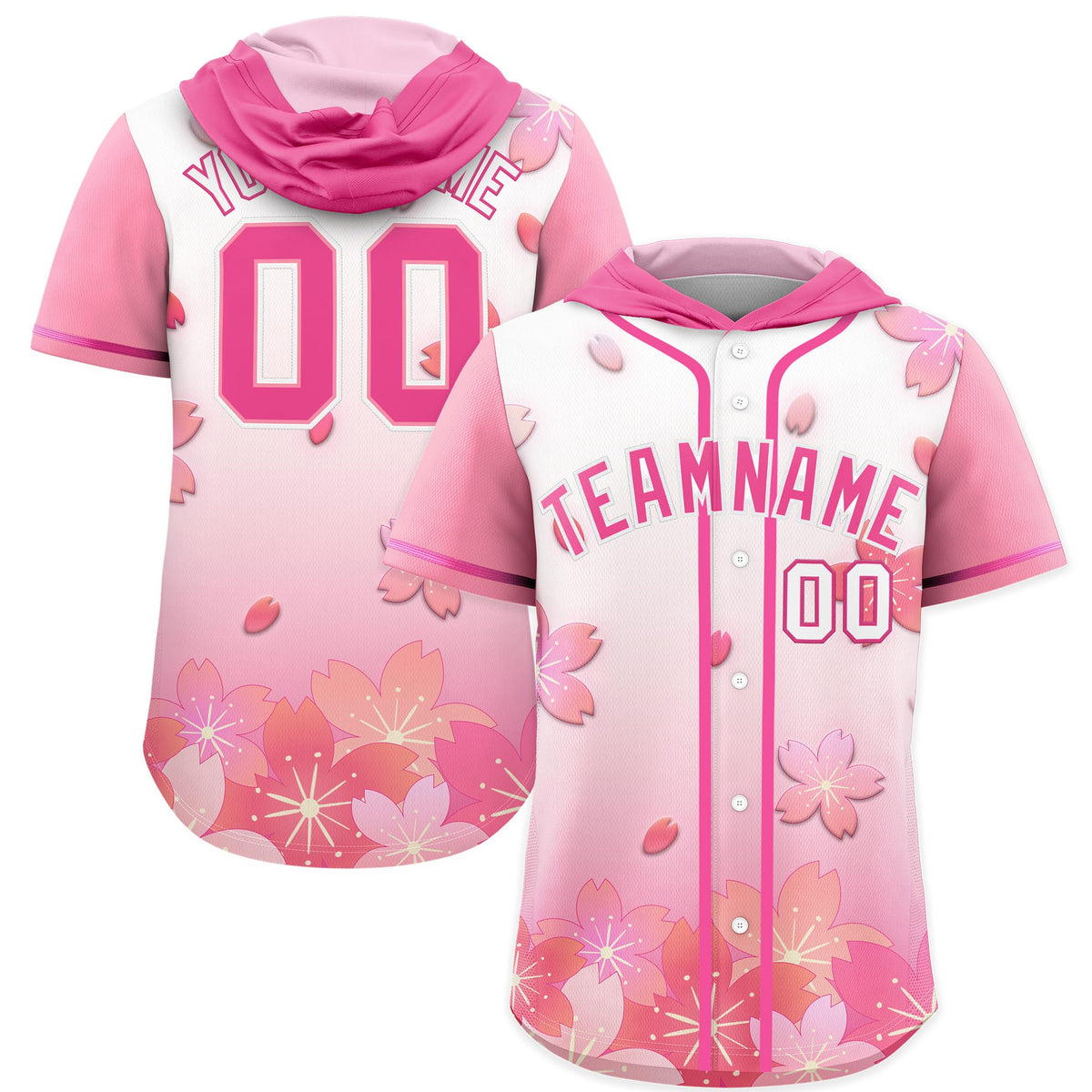 Custom Hooded Baseball Jersey | Pink White Cherry Blossom Breathable Athleisure Streetwear