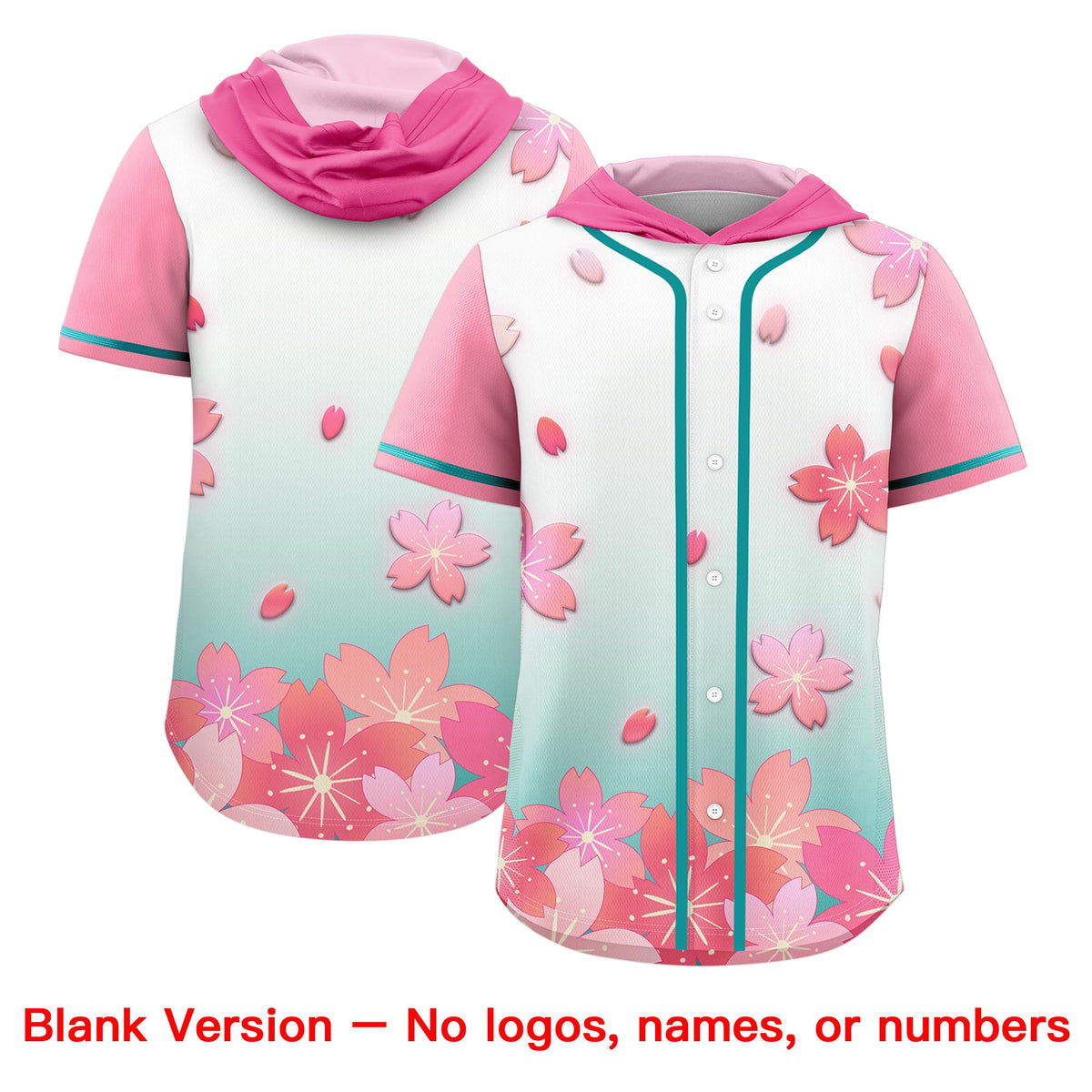 Custom Hooded Baseball Jersey | Pink Aqua Cherry Blossom Personalized Name &amp; Number Sport Jersey