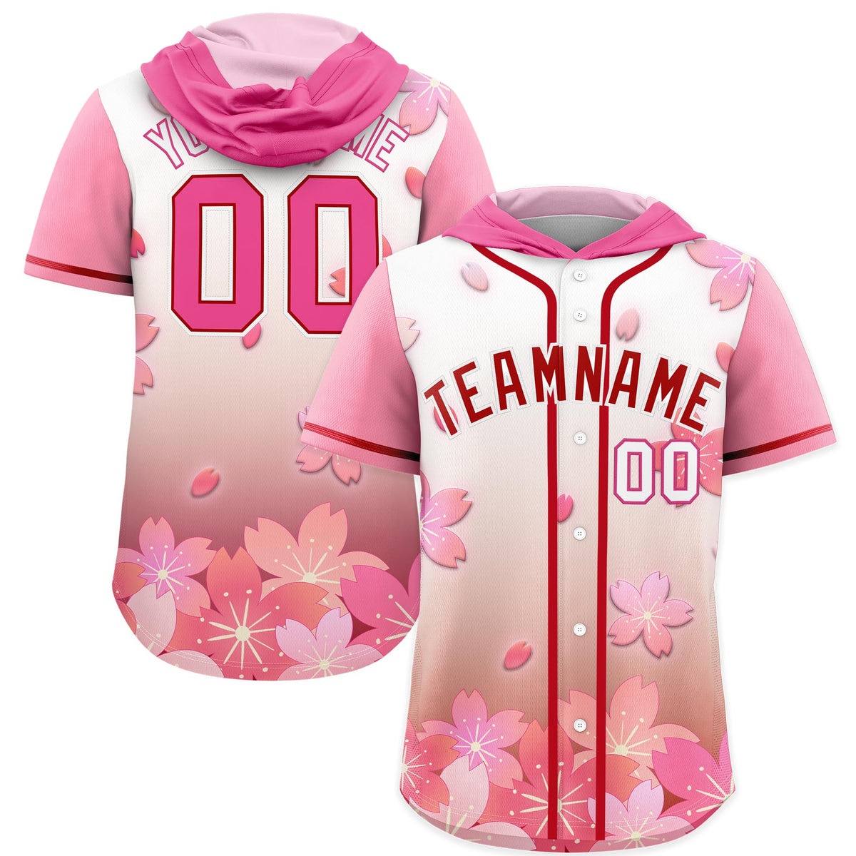 Custom Hooded Baseball Jersey | Pink Red Cherry Blossom Moisture-Wicking Jersey for Men &amp; Women