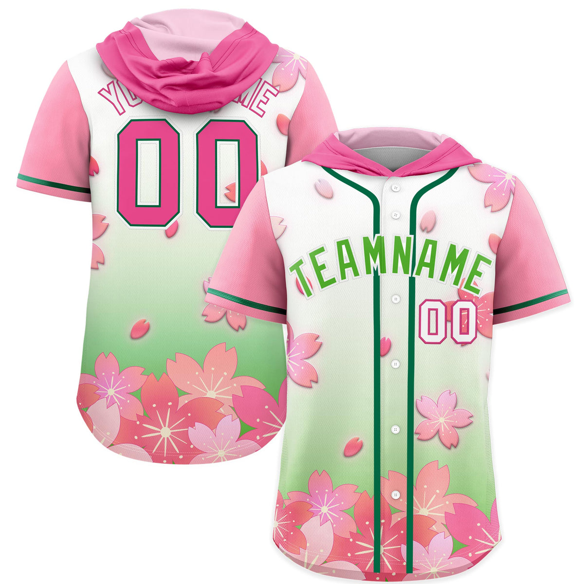 Custom Hooded Baseball Jersey | Pink Light Green Cherry Blossom Personalized Name &amp; Number Sport Jersey