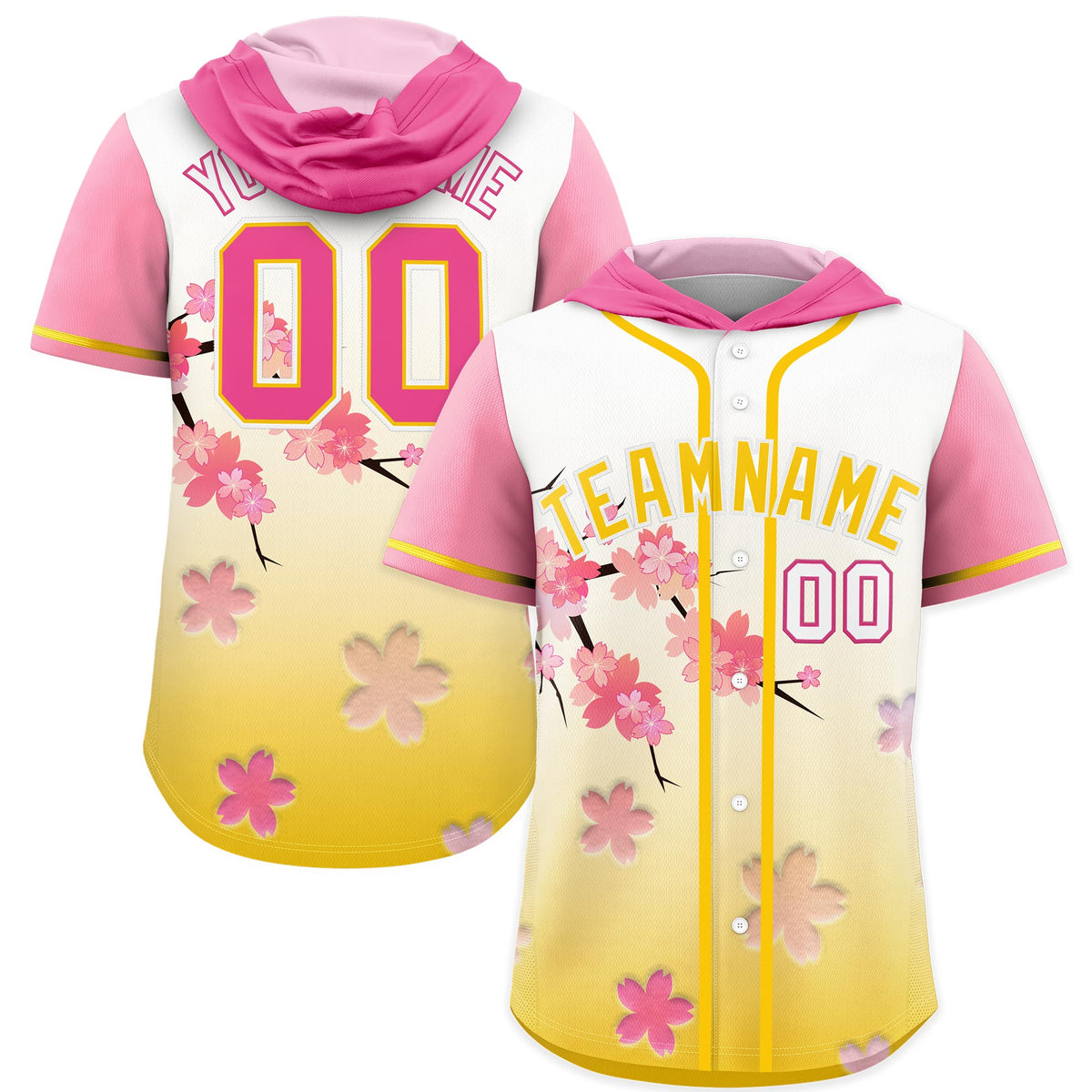Custom Hooded Baseball Jersey | Pink Gold Cherry Blossom Breathable Athleisure Streetwear