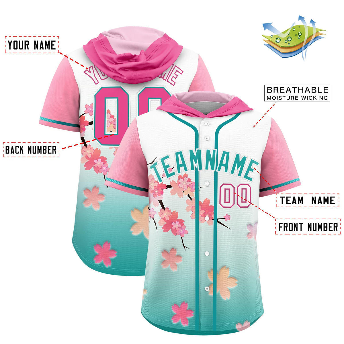Custom Hooded Baseball Jersey | Pink Aqua Cherry Blossom Personalized Name &amp; Number Sport Jersey