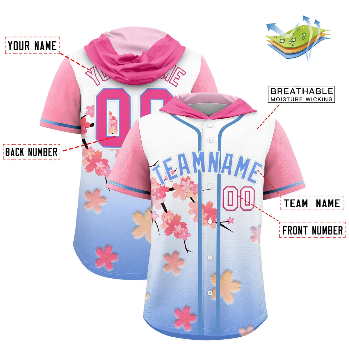 Custom Hooded Baseball Jersey | Pink Light Blue Cherry Blossom Breathable Athleisure Streetwear