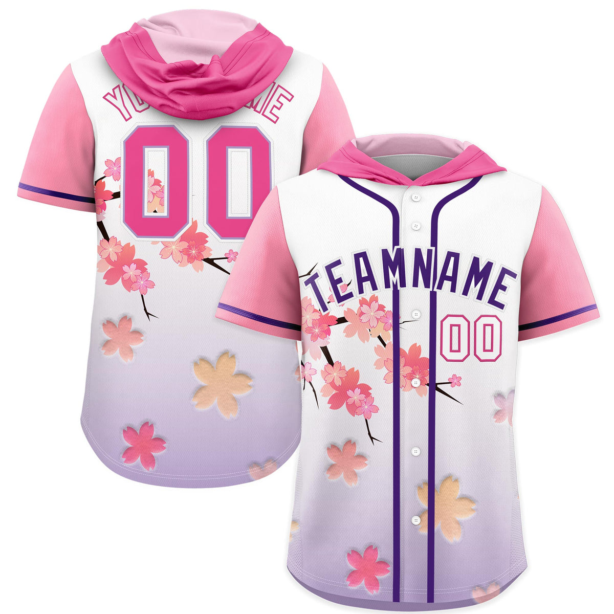 Custom Hooded Baseball Jersey | Pink Purple Cherry Blossom Moisture-Wicking Jersey for Men &amp; Women