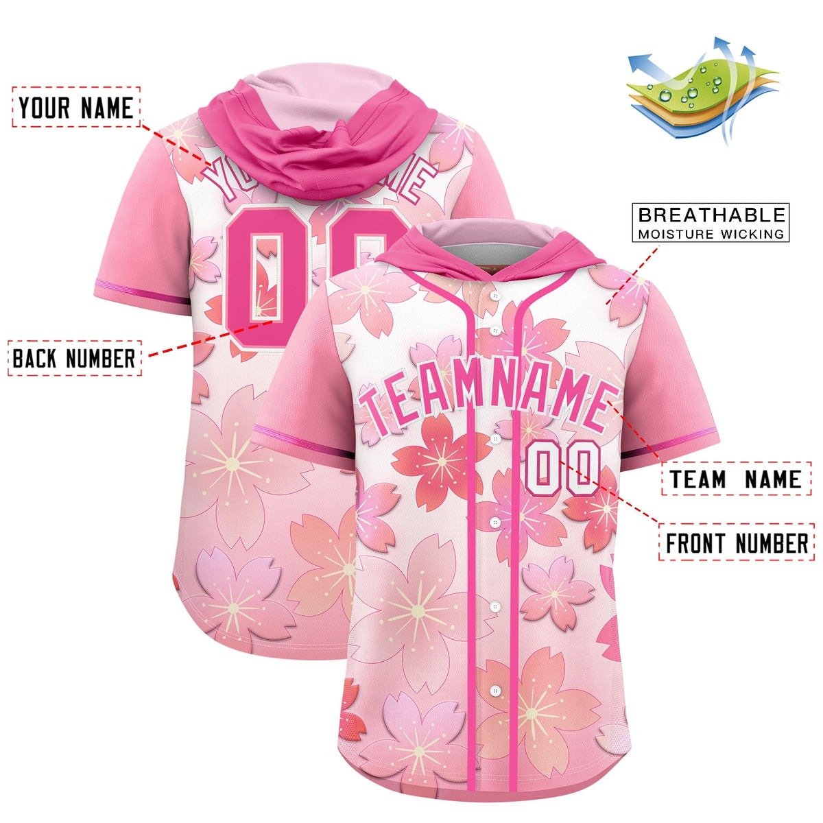 Custom Hooded Baseball Jersey | Pink Pink Cherry Blossom Personalized Name &amp; Number Sport Jersey