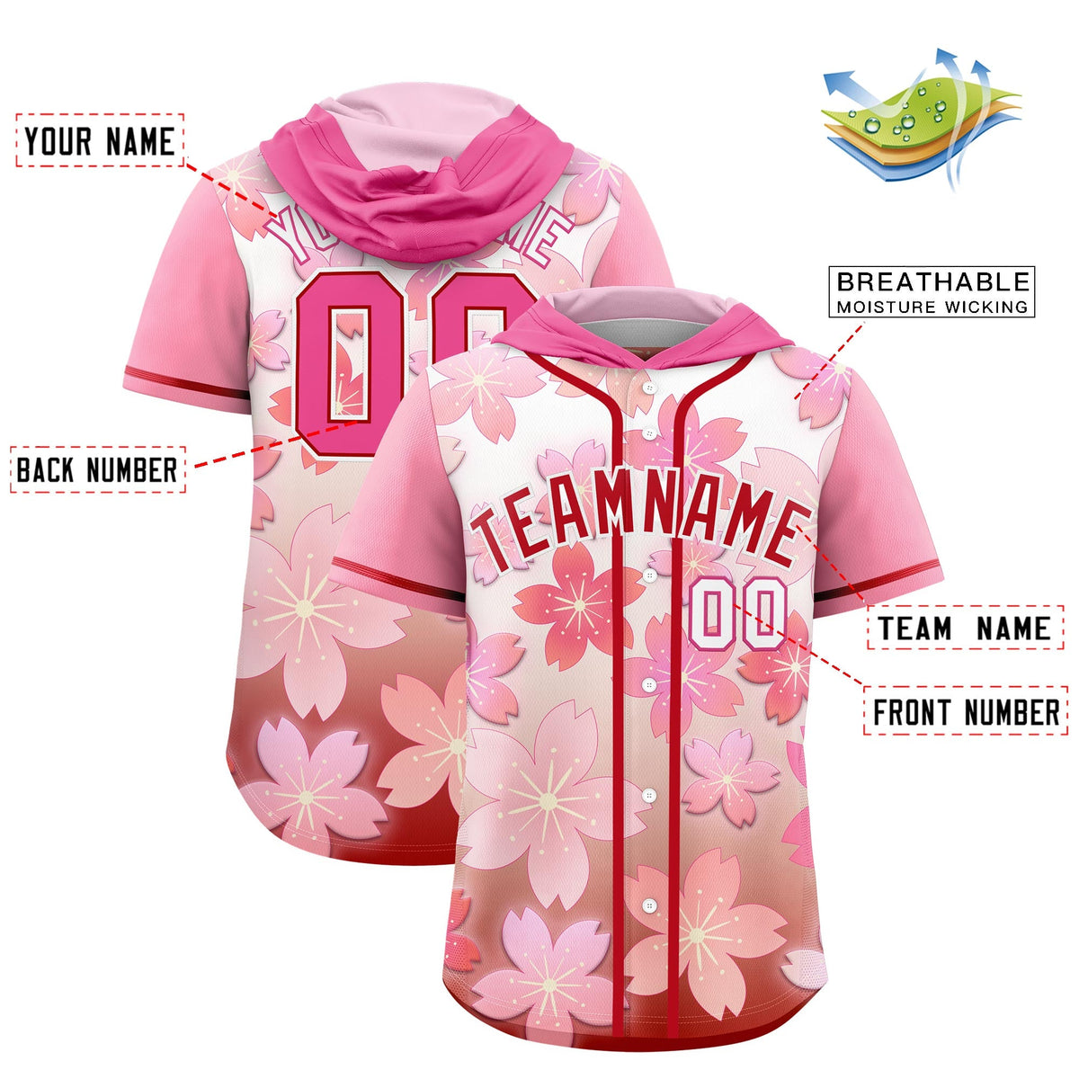 Custom Hooded Baseball Jersey | Pink Red Cherry Blossom Breathable Athleisure Streetwear