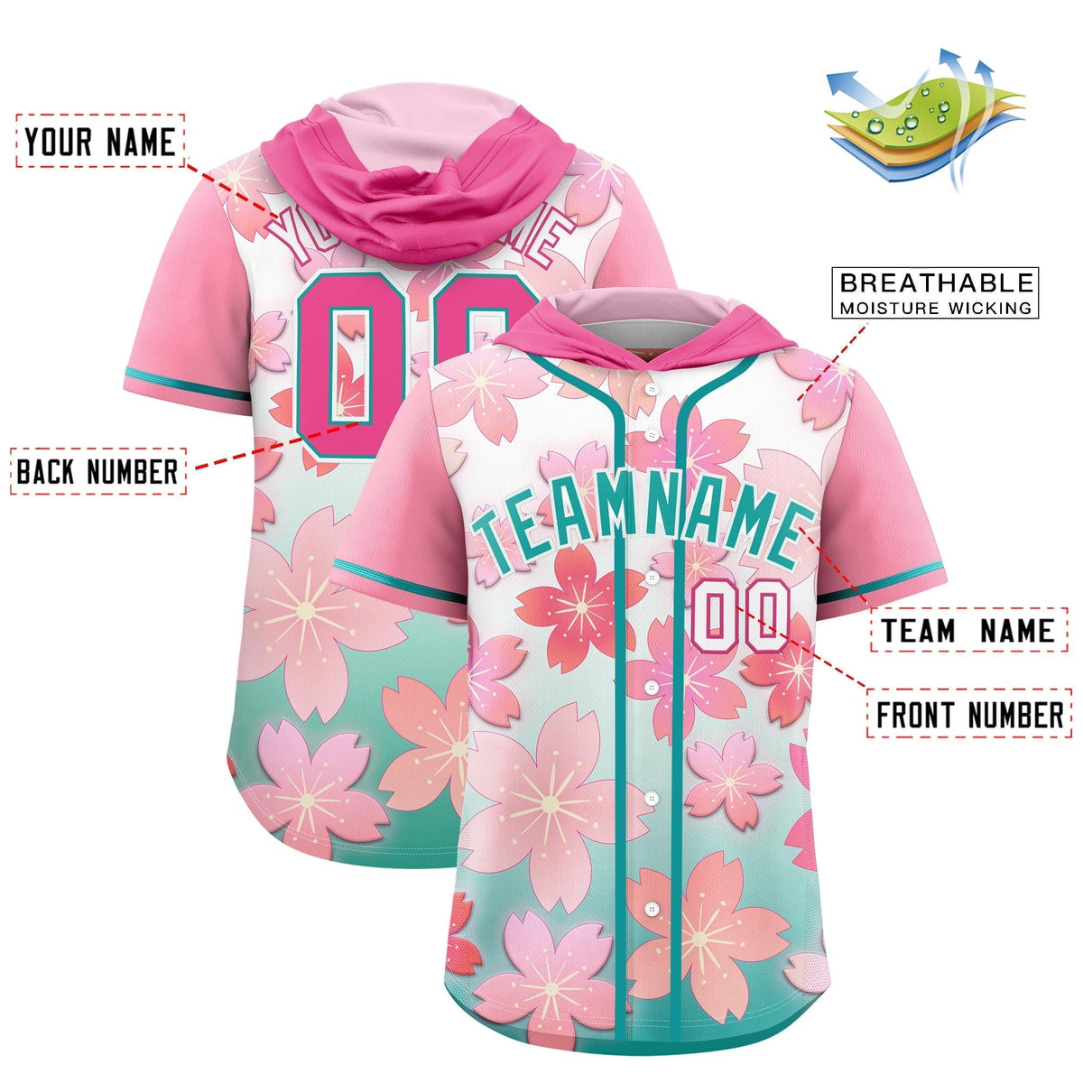 Custom Hooded Baseball Jersey | Pink Aqua Cherry Blossom Moisture-Wicking Jersey for Men &amp; Women