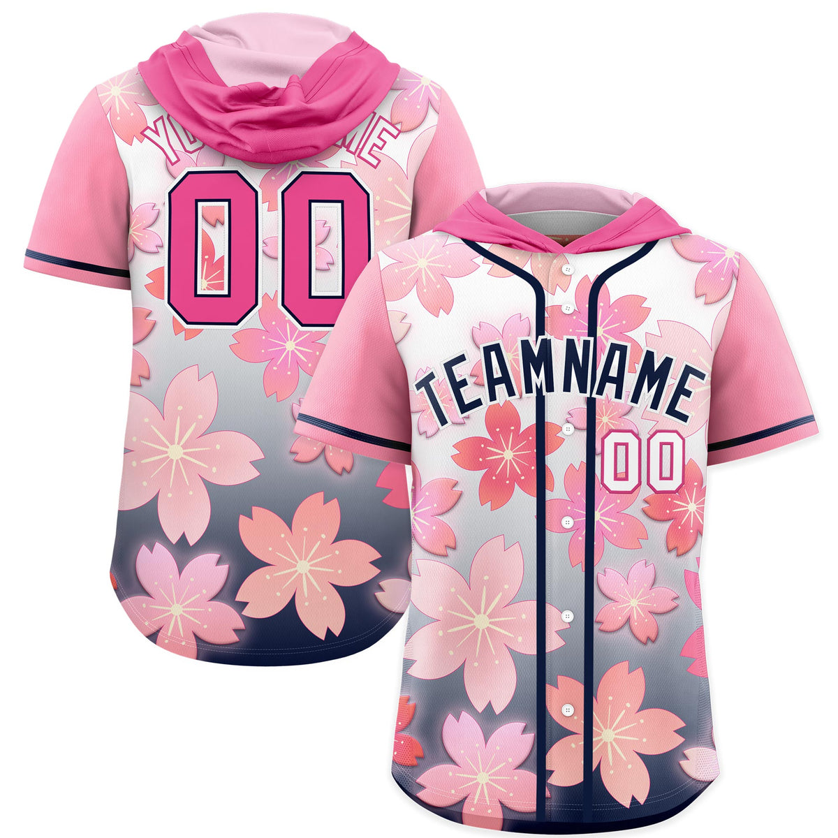 Custom Hooded Baseball Jersey | Pink Navy Cherry Blossom Breathable Athleisure Streetwear