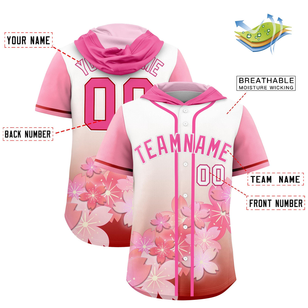 Custom Hooded Baseball Jersey | Pink Pink Cherry Blossom Breathable Athleisure Streetwear