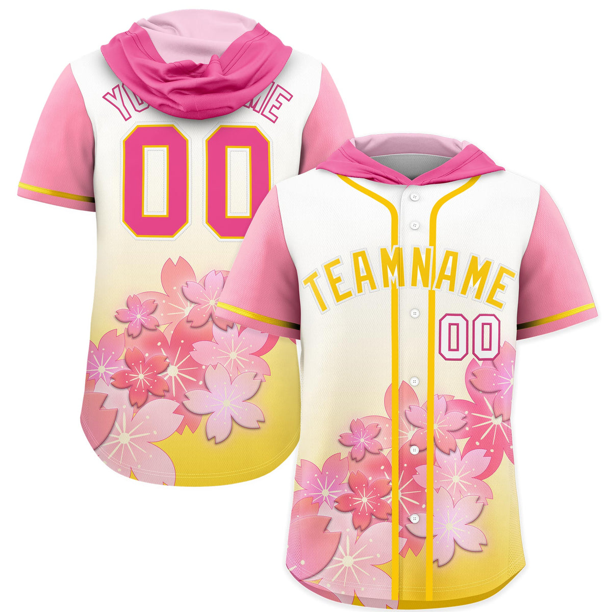 Custom Hooded Baseball Jersey | Gold White Cherry Blossom Personalized Name &amp; Number Sport Jersey