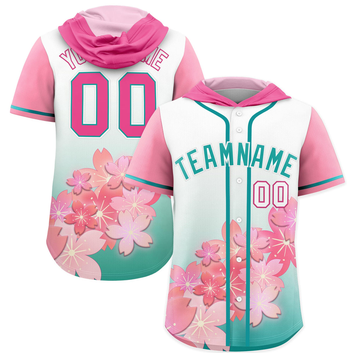 Custom Hooded Baseball Jersey | Pink Aqua Cherry Blossom Moisture-Wicking Jersey for Men &amp; Women