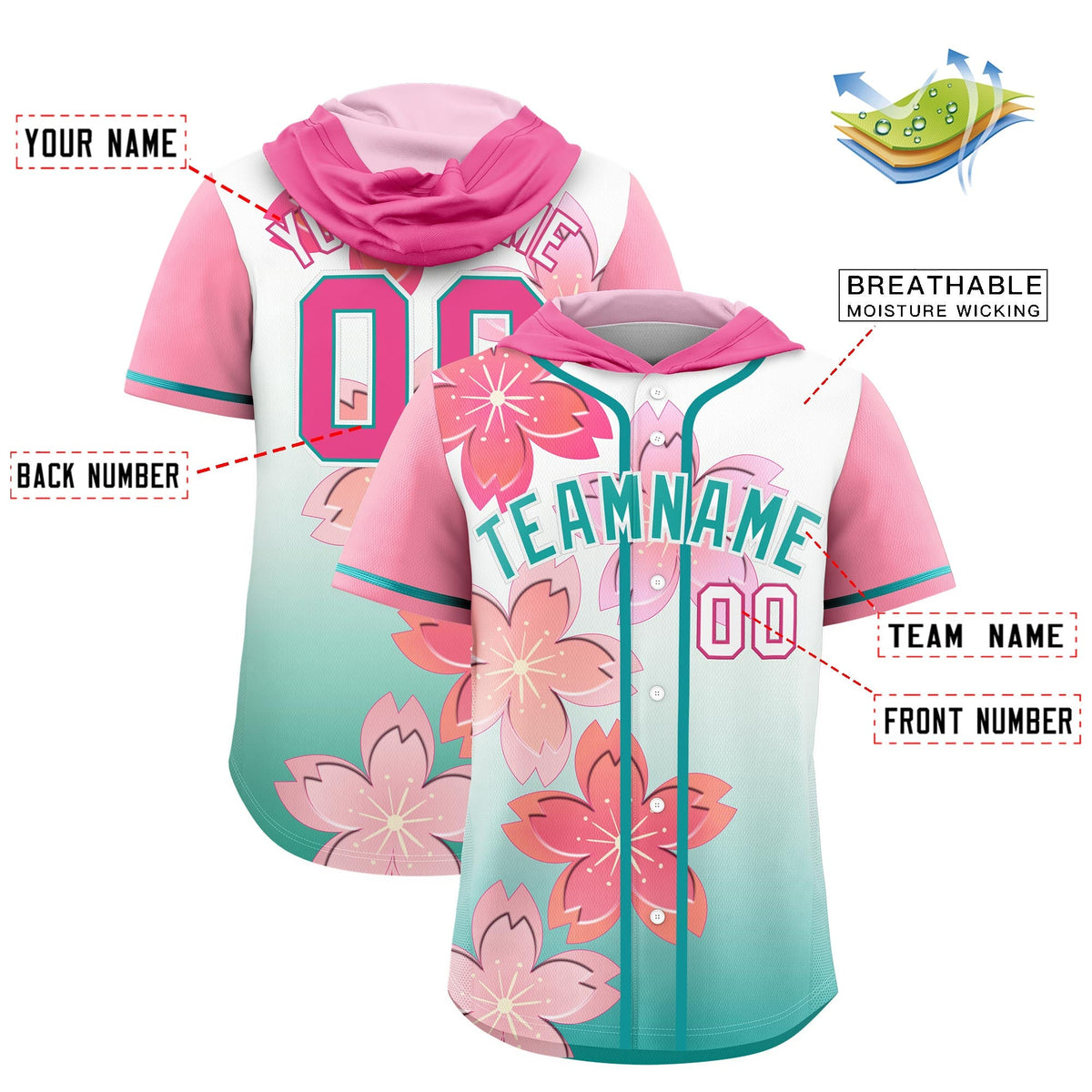 Custom Hooded Baseball Jersey | Pink Teal Cherry Blossom Moisture-Wicking Jersey for Men &amp; Women