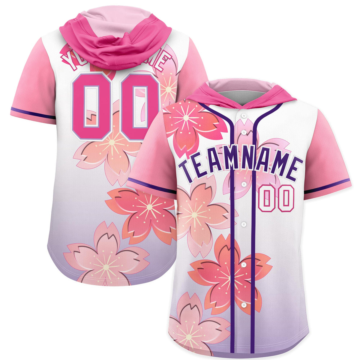 Custom Hooded Baseball Jersey | Pink Purple Cherry Blossom Breathable Athleisure Streetwear