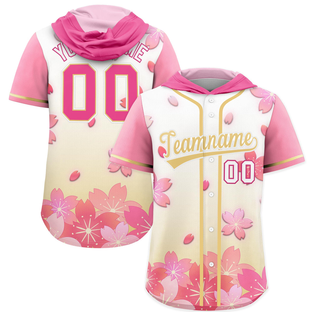 Custom Hooded Baseball Jersey | Pink Khaki Cherry Blossom Breathable Athleisure Streetwear