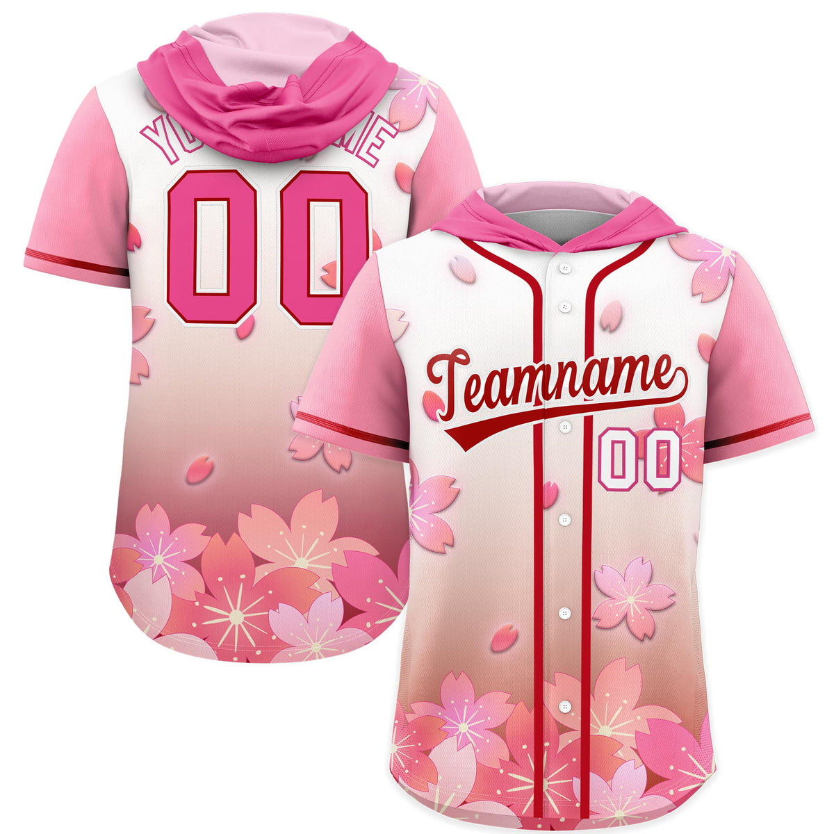 Custom Hooded Baseball Jersey | Pink Red Cherry Blossom Moisture-Wicking Jersey for Men &amp; Women