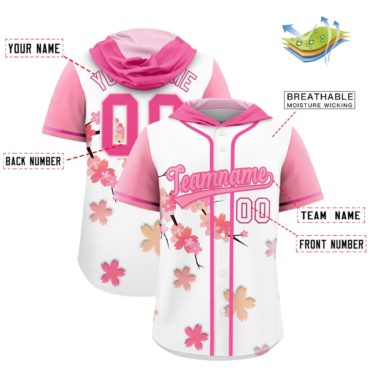 Custom Hooded Baseball Jersey | Pink Light Pink Cherry Blossom Breathable Athleisure Streetwear