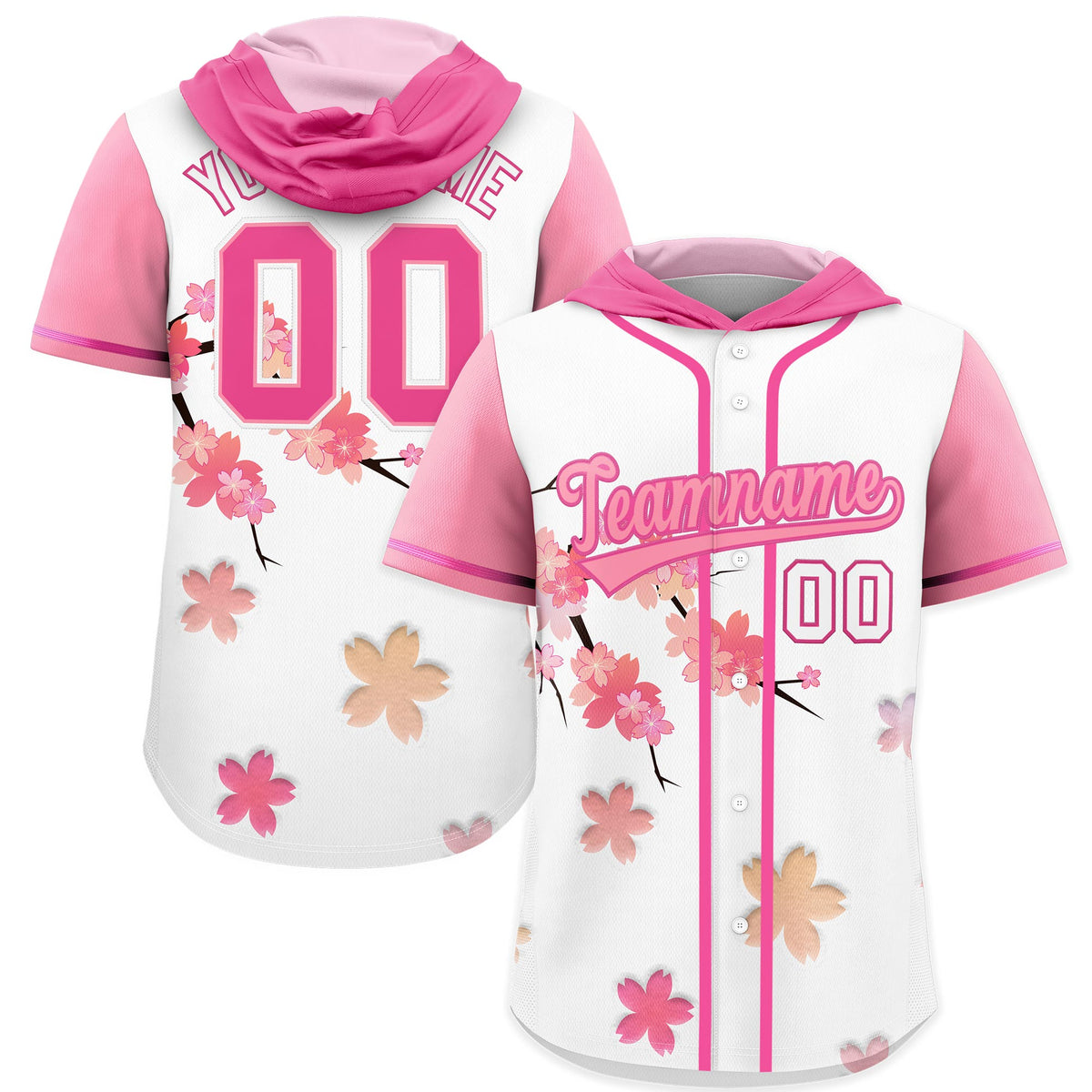 Custom Hooded Baseball Jersey | Pink Light Pink Cherry Blossom Breathable Athleisure Streetwear