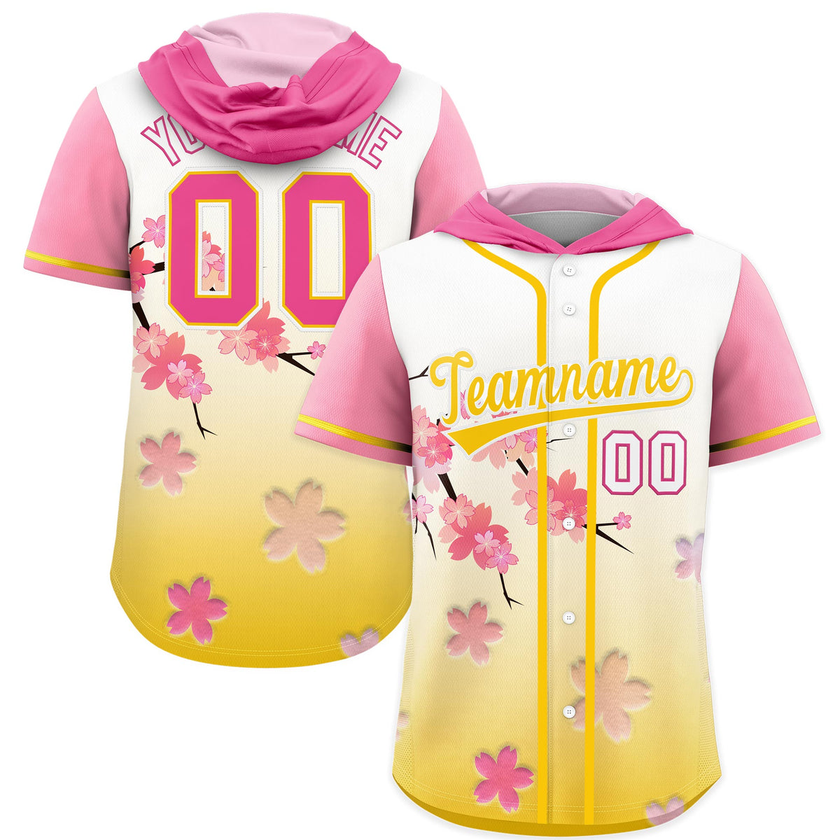 Custom Hooded Baseball Jersey | Pink Gold Cherry Blossom Breathable Athleisure Streetwear